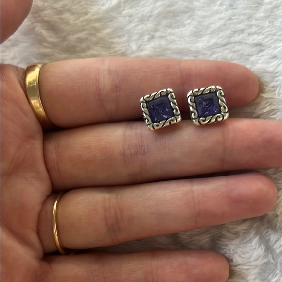 Silver and Purple Square Stud Earrings - Picture 1 of 5